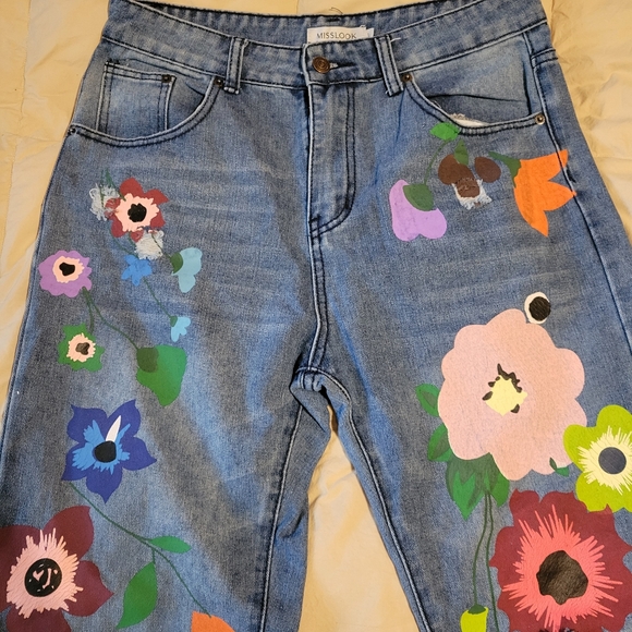 Misslook Hippie Floral Straight Leg Jeans Mid Rise Light Wash Size L - Picture 10 of 16